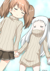 Rule 34 | 10s, 2girls, absurdres, abyssal ship, alternate costume, brown hair, closed eyes, flat chest, holding hands, highres, horns, kantai collection, lying, multiple girls, northern ocean princess, pale skin, pleated skirt, ribbed sweater, ryuki (ryukisukune), ryuujou (kancolle), sketch, skirt, sleeping, smile, sweater, turtleneck, twintails, white hair