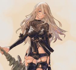 Rule 34 | 1girl, android, black flower, blue eyes, blush, closed mouth, cropped, eyelashes, fingernails, floral print, flower, greatsword, grey hair, gusty10rk, hair between eyes, highres, holding, holding sword, holding weapon, long eyelashes, long hair, mole, mole under mouth, nier (series), nier reincarnation, pink lips, reverse grip, see-through, shiny skin, solo, sword, torn, torn clothes, torn legwear, weapon, yorha, a2 (nier:automata)