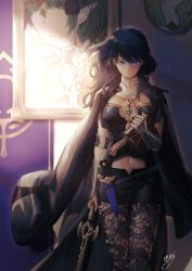 Rule 34 | 1girl, absurdres, armor, black armor, black cape, black shirt, black shorts, blouse, blue eyes, blue hair, book, breasts, brown pantyhose, byleth (female) (fire emblem), byleth (fire emblem), cameo, cape, cleavage, closed mouth, clothing cutout, commentary request, cowboy shot, crop top, dagger, detached collar, emblem, eyebrows hidden by hair, fire emblem, fire emblem: three houses, floating hair, hair between eyes, hand up, highres, holding, holding book, holding sword, holding weapon, huge filesize, indoors, knife, lace, lace-trimmed legwear, lace trim, large breasts, long hair, looking at viewer, navel, navel cutout, nintendo, painting (object), pantyhose, pantyhose under shorts, partial commentary, patterned clothing, print pantyhose, sheath, sheathed, shirt, short shorts, short sleeves, shorts, sidelocks, signature, smile, solo, sothis (fire emblem), standing, swept bangs, sword, sword of the creator, vambraces, weapon, yufuyuruuu