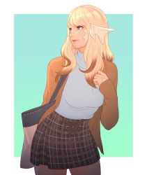 Rule 34 | 1girl, au ra, blonde hair, blue eyes, casual, contemporary, dragon horns, final fantasy, final fantasy xiv, highres, horns, jacket, koyorin, long hair, looking to the side, multicolored hair, open clothes, open jacket, scales, simple background, skirt, solo, swept bangs, two-tone hair