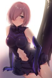 Rule 34 | 1girl, absurdres, armored leotard, backlighting, bad id, bad pixiv id, black leotard, blush, closed mouth, cowboy shot, elbow gloves, fate/grand order, fate (series), gloves, hair over one eye, highres, leotard, looking at viewer, mash kyrielight, midriff, navel, pink hair, purple eyes, senbei no kakera, short hair, sitting, smile, solo, stomach, white background