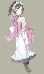 Rule 34 | 1girl, air (shanghai), apron, black hair, brown footwear, frown, full body, grey background, grey eyes, ace attorney, phoenix wright: ace attorney - dual destinies, hair ribbon, highres, holding, holding tray, looking at viewer, maid headdress, ofuda, pink ribbon, ponytail, ribbon, solo, standing, jinxie tenma, thick eyebrows, tray, wide sleeves