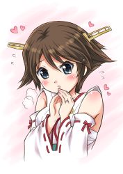 Rule 34 | 10s, 1girl, blue eyes, blush, brown hair, detached sleeves, hairband, heart, hiei (kancolle), japanese clothes, jewelry, kantai collection, nontraditional miko, open mouth, ribbon-trimmed sleeves, ribbon trim, ring, short hair, solo, sweatdrop, uzura no tamago (yudeuzutama), wedding band, wedding ring, wide sleeves