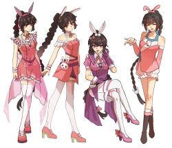 Rule 34 | 4girls, animal ears, braid, braided ponytail, brown hair, douluo dalu, dress, floating, full body, headphones, highres, long hair, multiple girls, multiple persona, open mouth, pink dress, pink footwear, pouch, rabbit ears, sitting, smile, thighhighs, white background, xiao wu (douluo dalu), yaya le