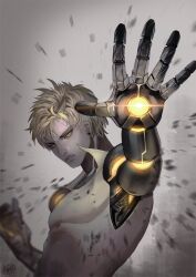 Rule 34 | 1boy, ami (peg325), black sclera, blonde hair, colored sclera, commentary, cyborg, earrings, english commentary, genos, highres, jewelry, looking at viewer, male focus, one-punch man, open mouth, short hair, solo, teeth, yellow eyes