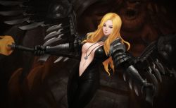 Rule 34 | 1girl, armor, artnohearts, blonde hair, blue eyes, breasts, cowboy shot, dutch angle, gauntlets, jewelry, large breasts, lips, long hair, looking at viewer, mabinogi, mabinogi heroes, mechanical wings, monster, navel, necklace, pauldrons, shoulder armor, skin tight, standing, unzipped, wand, wings, yellow eyes