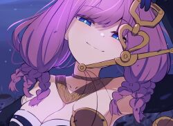 Rule 34 | 1girl, absurdres, aura (sousou no frieren), balance scale, bare shoulders, blue eyes, blush, breasts, cleavage, collarbone, elbow gloves, gloves, highres, holding scale, jewelry, looking at viewer, medium breasts, medium hair, neck ring, night, night sky, purple hair, sky, smile, smug, solo, sousou no frieren, star (sky), vinsycal, weighing scale