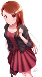 Rule 34 | 1girl, arm up, bag, black jacket, blush, breasts, brown hair, collarbone, dress, frown, handbag, highres, idolmaster, idolmaster (classic), idolmaster 2, jacket, charm (object), long hair, looking at viewer, minase iori, red dress, red eyes, runmo77, sidelocks, simple background, small breasts, solo, stuffed animal, stuffed rabbit, stuffed toy, white background