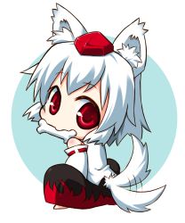 Rule 34 | 1girl, animal ears, bare shoulders, bone, chibi, detached sleeves, hat, holding, inubashiri momiji, looking at viewer, looking back, nekokichi, pom pom (clothes), red eyes, short hair, silver hair, simple background, sitting, solo, tail, tail wagging, tokin hat, touhou, white background, wolf ears, wolf tail