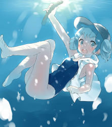 Rule 34 | 1girl, arm up, barefoot, beret, blue eyes, blue hair, blush, cucumber, diving, feet, female focus, hat, highres, kawashiro nitori, looking at viewer, masaizo, matching hair/eyes, one-piece swimsuit, open clothes, open mouth, open shirt, school swimsuit, shirt, smile, solo, sunlight, swimsuit, toes, touhou, twintails, two side up, underwater