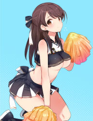Rule 34 | 1girl, black footwear, black hair, black shirt, black skirt, blue background, brave witches, breasts, cheerleader, closed mouth, commentary request, cropped shirt, flying sweatdrops, holding, holding pom poms, karibuchi takami, kneeling, long hair, medium breasts, midriff, parted bangs, pleated skirt, polka dot, polka dot background, pom pom (cheerleading), pom poms, red eyes, shimada fumikane, shirt, skirt, solo, underboob, world witches series