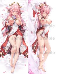 Rule 34 | 1girl, animal ears, armpits, arms up, bare legs, barefoot, bed sheet, between breasts, black panties, blush, breasts, breasts out, cherry blossoms, clothes between breasts, clothing aside, commentary, crossed bangs, daefny, dakimakura (medium), detached sleeves, earrings, floral print, flower knot, fox ears, fox shadow puppet, from above, full body, furrowed brow, genshin impact, gluteal fold, grabbing own breast, hair between eyes, headpiece, heart, heart-shaped pupils, highres, japanese clothes, jewelry, lips, long hair, looking at viewer, lying, medium breasts, miko, multiple views, necklace, nipple stimulation, nipple tweak, nipples, obi, on back, panties, panties aside, parted lips, petals, pink hair, purple eyes, pussy, sakuramon, sample watermark, sash, side-tie panties, sideboob, simple background, smile, symbol-shaped pupils, tassel, thigh gap, thighs, uncensored, underwear, watermark, white background, wide sleeves, yae miko, zi tong zhi lei