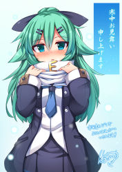 Rule 34 | 10s, 1girl, aqua eyes, blush, coat, commentary request, green hair, hair ornament, hair ribbon, hairclip, highres, kanchuumimai, kantai collection, long hair, looking at viewer, parted lips, pleated skirt, ribbon, scarf, school uniform, serafuku, signature, skirt, snow (gi66gotyo), solo, thighhighs, translation request, winter clothes, winter coat, yamakaze (kancolle)