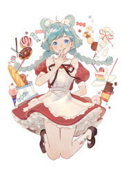 Rule 34 | 1girl, :q, absurdres, ahoge, animal ears, apron, aqua hair, argyle, argyle clothes, argyle legwear, arm behind back, artist name, bag, baguette, berry, black ribbon, blue eyes, blush, braid, bread, brown footwear, cake, cake slice, candy, checkerboard cookie, cherry, chinese commentary, chocolate, chocolate bar, chocolate doughnut, chocolate syrup, commentary, cookie, doughnut, dress, floating hair, food, food request, frilled dress, frills, fruit, full body, hand up, hidari (nanmu-left), highres, ice cream, ice cream cone, jumping, knees together feet apart, licking lips, long hair, looking at viewer, low twin braids, mary janes, mouse ears, mouse girl, neck ribbon, open hand, original, paper bag, pastry bag, plate, puffy short sleeves, puffy sleeves, red dress, red ribbon, ribbon, sash, shoes, short sleeves, simple background, socks, solo, sprinkles, straight-on, strawberry, tareme, tongue, tongue out, twin braids, white apron, white background, white sash, white socks, wrapped candy