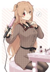 Rule 34 | 1girl, artist name, black nails, black pantyhose, brown eyes, buttons, closed mouth, eighth note, fingernails, hair between eyes, heterochromia, holding, kantai collection, light brown hair, long hair, long sleeves, murasame (kancolle), murasame kai ni (kancolle), musical note, nail polish, official alternate costume, one-hour drawing challenge, pantyhose, red eyes, sitting, smile, solo, spoken musical note, yamashichi (mtseven)