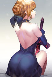 Rule 34 | 1girl, artoria pendragon (all), artoria pendragon (fate), backless dress, backless outfit, blue bow, blue choker, blue dress, blue gloves, bow, braid, braided bun, brown eyes, brown hair, canking, choker, closed mouth, commentary request, dress, elbow gloves, excalibur morgan (fate), fate/grand order, fate (series), gloves, hair bow, hair bun, hands on hilt, highres, looking at viewer, looking back, profile, saber (fate), saber alter, single hair bun, sitting, solo, strapless, strapless dress, sword, weapon
