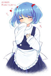Rule 34 | 1girl, ^ ^, apron, artist name, black skirt, black vest, blue hair, blush, closed eyes, commentary request, cosplay, frilled apron, frills, hair bobbles, hair ornament, hand up, heart, highres, kawashiro nitori, kirisame marisa, kirisame marisa (cosplay), long sleeves, no headwear, no mouth, ougi hina, shirt, short hair, simple background, skirt, skirt set, sleeves past wrists, smelling, solo, touhou, translation request, twitter username, two side up, vest, waist apron, white apron, white background, white shirt