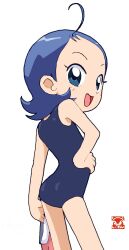 1girl ahoge ass blue_eyes blue_hair c1_(70904919) flat_chest forehead hands_on_own_hips highres ojamajo_doremi one-piece_swimsuit open_mouth senoo_aiko short_hair simple_background swimsuit white_background