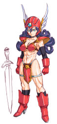 Rule 34 | 1girl, abs, armor, arms at sides, bikini armor, blue eyes, boots, choker, commentary request, curly hair, dragon quest, dragon quest iii, helmet, high heel boots, high heels, long hair, muscular, muscular female, pauldrons, purple hair, shoulder armor, shoumaru (gadget box), simple background, smile, soldier (dq3), square enix, sword, weapon, white background, winged helmet