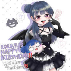 Rule 34 | 1girl, artist name, artist request, bare shoulders, black bow, black dress, black gloves, black skirt, black thighhighs, black wings, blue hair, blush, bow, breasts, buttons, character doll, cleavage, collarbone, cross-laced clothes, cross-laced dress, doll, dress, elbow gloves, female focus, frilled dress, frills, gloves, hair bun, highres, holding, holding doll, long hair, looking at viewer, love live!, love live! school idol festival, love live! sunshine!!, medium breasts, bowtie, parted lips, purple eyes, riona (pixiv39597839), single hair bun, skirt, smile, solo, thighhighs, tsushima yoshiko, v over eye, white background, white skirt, wings