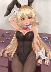Rule 34 | 1girl, against table, alternate costume, animal ears, bare shoulders, blonde hair, bow, bowtie, breasts, card, cleavage, covered navel, dark-skinned female, dark skin, detached collar, detached sleeves, elf, fake animal ears, gloves, hololive, large breasts, leotard, long hair, looking at viewer, mizuki haruka, open mouth, orange eyes, pantyhose, playboy bunny, playing card, pointy ears, poker chip, rabbit ears, red bow, red bowtie, shiranui flare, solo, table, very long hair, virtual youtuber, white gloves