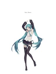 Rule 34 | 1girl, aqua hair, aqua necktie, armpits, arms up, black footwear, black skirt, boots, closed eyes, closed mouth, collared shirt, copyright name, detached sleeves, eazy dance (vocaloid), full body, grey shirt, hatsune miku, headphones, highres, long hair, necktie, pleated skirt, shirt, simple background, skirt, sleeveless, sleeveless shirt, smile, solo, song name, spencer sais, suspenders, thigh boots, thighhighs, twintails, very long hair, vocaloid, white background