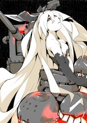 Rule 34 | 10s, 1girl, abyssal ship, anchorage princess, bebebe (pepegakii), black gloves, breasts, cleavage, colored skin, elbow gloves, fire, gloves, hair ornament, head tilt, highres, kantai collection, long hair, looking at viewer, looking back, machinery, orange eyes, overexposure, ringed eyes, shaft look, solo, turret, underboob, very long hair, white hair, white skin