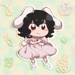 Rule 34 | 1girl, :3, absurdres, animal ears, black hair, blush, carrot, carrot necklace, chibi, closed mouth, clover, commentary request, crossed arms, dress, flat chest, floppy ears, four-leaf clover, frilled sleeves, frilled socks, frills, full body, highres, inaba tewi, jewelry, looking at viewer, necklace, no shoes, pink dress, puffy short sleeves, puffy sleeves, rabbit, rabbit ears, rabbit girl, rabbit tail, rabbits foot, red eyes, ribbon-trimmed dress, rue 0908, short hair, short sleeves, smile, socks, solo, tail, touhou, wavy hair, white socks