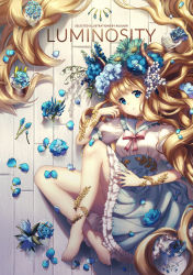 Rule 34 | 1girl, :o, absurdly long hair, armlet, artist name, bare legs, barefoot, blonde hair, blue eyes, blue flower, blue skirt, blush, bow, bowtie, cover, cover page, english text, flower, frilled skirt, frills, from above, full body, green flower, hair flower, hair ornament, hand on own cheek, hand on own face, hand up, horns, long hair, looking at viewer, looking up, lying, on back, original, parted lips, petals, pink bow, pink bowtie, puffy short sleeves, puffy sleeves, rosuuri, shirt, short sleeves, skirt, solo, text focus, very long hair, white flower, white shirt