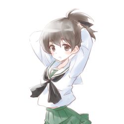 Rule 34 | 1girl, adjusting hair, arms behind head, arms up, backlighting, black neckerchief, black ribbon, blouse, brown eyes, brown hair, commentary, girls und panzer, green skirt, hair ribbon, inumoto, koyama yuzu, long sleeves, looking at viewer, miniskirt, neckerchief, ooarai school uniform, open mouth, pleated skirt, ribbon, school uniform, serafuku, shirt, short hair, short ponytail, simple background, skirt, solo, standing, upper body, white background, white shirt
