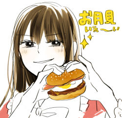 Rule 34 | 1girl, bacon, black eyes, brown hair, burger, egg (food), female focus, food, fried egg, grin, houraisan kaguya, long hair, looking at viewer, partially colored, smile, smug, solo, sparkle, touhou, translation request, upper body, white background, yonu (yonurime)
