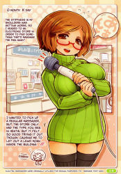 Rule 34 | 1girl, blush, brown eyes, brown hair, english text, glasses, green shirt, hard-translated, highres, hitachi magic wand, nikki (swapnote), nintendo, open mouth, poorly translated, ribbed sweater, sex toy, shigatake, shirt, short hair, standing, swapnote, sweater, thighhighs, third-party edit, turtleneck, vibrator