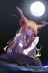 Rule 34 | 1girl, 258n, absurdres, barefoot, black background, blue skirt, bow, broken moon, chain, cuffs, hair bow, highres, horn bow, horn ornament, horn ribbon, horns, ibuki suika, knee up, long hair, looking at viewer, moon, ocean, oni, orange eyes, orange hair, red bow, ribbon, rock, shackles, sitting, skirt, sleeveless, smile, smug, solo, teeth, torn clothes, torn sleeves, touhou, water