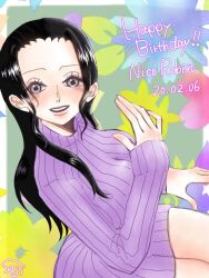 Rule 34 | 1girl, black hair, blue eyes, border, character name, commentary request, dated, dress, flower, green background, hair slicked back, happy birthday, long hair, long sleeves, looking at viewer, looking up, nico robin, one piece, purple dress, sidelocks, signature, smile, solo, ssymggt, striped clothes, striped dress, turtleneck, turtleneck dress, vertical-striped clothes, vertical-striped dress, white border