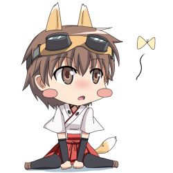 Rule 34 | 1girl, animal ears, bad id, bad pixiv id, black legwear, blush stickers, brown eyes, brown hair, bug, butterfly, chibi, fox ears, fox tail, goggles, insect, katou keiko, norayinu, open mouth, sitting, solo, strike witches, tail, witches of africa, world witches series