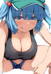 Rule 34 | 1girl, :&lt;, :p, belko, black tank top, blue eyes, blue hair, blue shorts, breasts, cleavage, covered erect nipples, hair bobbles, hair ornament, hat, highres, huge breasts, kawashiro nitori, looking at viewer, short shorts, shorts, simple background, solo, squatting, sweat, tank top, thick thighs, thighs, tongue, tongue out, touhou, two side up, white background