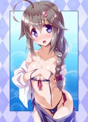 Rule 34 | 10s, 1girl, ahoge, argyle, argyle background, argyle clothes, bikini, black hair, blue eyes, blush, border, braid, breasts, cleavage, covering breasts, covering privates, gradient background, grey hair, hair ornament, hair over shoulder, kantai collection, long hair, looking at viewer, miuku (marine sapphire), navel, open clothes, open mouth, sarong, shigure (kancolle), shigure kai ni (kancolle), single braid, solo, swimsuit, undressing, untied