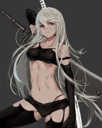 Rule 34 | 1girl, android, arm at side, arm behind head, arm up, armlet, bare shoulders, black footwear, black gloves, black shorts, black thighhighs, blue eyes, boots, breasts, broadsword, chain, closed mouth, collarbone, cowboy shot, crop top, elbow gloves, gloves, greatsword, grey background, highleg shorts, highres, holding, holding sword, holding weapon, huge weapon, joints, katana, legs apart, lips, long hair, looking at viewer, medium breasts, midriff, min (pixiv24629772), mole, mole under mouth, navel, nier:automata, nier (series), patterned clothing, pink lips, pod (nier:automata), robot joints, shirt, short shorts, shorts, silver hair, simple background, skin tight, sleeveless, solo, standing, stomach, sword, tank top, taut clothes, taut shirt, thighhighs, very long hair, weapon, weapon on back, a2 (nier:automata)
