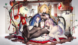 Rule 34 | 3girls, absurdres, black legwear, blonde hair, blue eyes, bodystocking, bodysuit, breasts, character request, copyright request, dk.senie, elbow gloves, feet, full body, gloves, green eyes, hair over one eye, heterochromia, highres, huge breasts, long hair, looking at viewer, multiple girls, no shoes, pantyhose, smile, soles, thighhighs, thighs, twintails, underwear, wet, wet clothes, white gloves, white legwear, yellow eyes