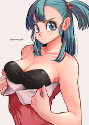 Rule 34 | 1girl, aosora2823, asymmetrical bangs, asymmetrical hair, bare shoulders, blue eyes, blue hair, blush, breasts, bulma, cleavage, closed mouth, collarbone, commentary, dragon ball, dragon ball (classic), eyelashes, frown, grey background, hair bobbles, hair ornament, hair pulled back, highres, leotard, light blue hair, long hair, looking at viewer, medium breasts, pink leotard, side ponytail, simple background, solo, twitter username, upper body, v-shaped eyebrows