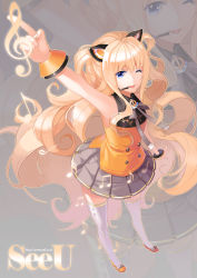 Rule 34 | 1girl, aile (crossroads), animal ears, bad id, bad pixiv id, beamed quavers, blonde hair, blue eyes, bracelet, cat ears, headset, highres, jewelry, long hair, music, musical note, one eye closed, open mouth, quaver, seeu, skirt, smile, solo, thighhighs, treble clef, very long hair, vocaloid, white thighhighs, wink, zettai ryouiki, zoom layer
