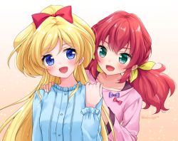 Rule 34 | 2girls, :d, aikatsu! (series), aikatsu friends!, asuka mirai (aikatsu friends!), bad id, bad pixiv id, blonde hair, blue eyes, blue shirt, blush, bow, brown background, collarbone, commentary request, gradient background, green eyes, hair between eyes, hair bow, hair ribbon, hand up, hands on another&#039;s shoulders, high ponytail, hoshino kagari, kamishiro karen, long hair, long sleeves, low twintails, multiple girls, open mouth, pink shirt, ponytail, red bow, red hair, ribbon, shirt, smile, twintails, twitter username, upper body, very long hair, white background, yellow ribbon