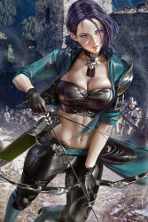 Rule 34 | 1girl, 2020, armor, arrow (projectile), artist name, asymmetrical hair, battlefield, belt, black pants, boots, bow (weapon), breasts, chess piece, choker, cleavage, crop top, female focus, fire emblem, fire emblem: three houses, full armor, green belt, green footwear, green jacket, high collar, high heel boots, high heels, holding, holding bow (weapon), holding weapon, jacket, knight (chess), large breasts, looking to the side, navel, nintendo, open clothes, open jacket, outdoors, pants, purple eyes, purple hair, quiver, shamir nevrand, shoulder armor, signature, solo focus, standing, stomach, watermark, weapon, zumi (zumidraws)