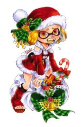 Rule 34 | 1girl, artist name, bag, bell, belt, black belt, blonde hair, boots, bow, candy, candy cane, colored tongue, detached sleeves, dress, fangs, food, full body, gift, green bow, hat, hat bow, highres, inkling, inkling girl, inkling player character, isamu-ki (yuuki), jingle bell, large bow, looking at viewer, marker (medium), nintendo, open mouth, oversized object, pointy ears, red dress, red footwear, red hat, santa costume, santa hat, short dress, short hair, signature, simple background, solo, splatoon (series), splatoon 2, standing, surprised, tentacle hair, traditional media, white background, yellow eyes, yellow tongue