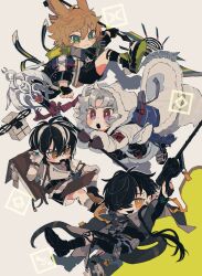 Rule 34 | 4boys, :o, animal ears, annoyed, arknights, ascot, backpack, bag, bandage on face, bandages, black ascot, black footwear, black gloves, black hair, black jacket, black pants, blue bag, blush, brown gloves, chibi, closed mouth, coat, commentary request, corroserum (arknights), cropped jacket, drone, eyebrow piercing, fingerless gloves, fur-trimmed coat, fur trim, gloves, green eyes, grey background, grey shirt, grey socks, gun, hair over one eye, hand up, highres, holding, holding gun, holding marker, holding staff, holding tablet pc, holding weapon, id card, infection monitor (arknights), jacket, leaning forward, leonhardt (arknights), looking at viewer, looking down, male focus, marker, material growth, minimalist (arknights), multicolored hair, multiple boys, open mouth, oripathy lesion (arknights), outline, pants, piercing, pointy ears, pouch, qanipalaat (arknights), rabbit boy, rabbit ears, red eyes, remu (kudarizaka 25), shirt, shoes, shorts, sleep mask, snake boy, snake tail, sneakers, snow boots, socks, staff, streaked hair, tablet pc, tail, teeth, two-tone background, upper teeth only, weapon, white coat, white gloves, white hair, white shirt, white shorts, yellow background, yellow eyes