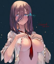 Rule 34 | 1girl, areola slip, artist name, between breasts, black background, blue eyes, blush, breasts, brown hair, collared shirt, dated, go-toubun no hanayome, hair between eyes, hands on own chest, highres, large breasts, long hair, looking at viewer, nakano miku, necktie, necktie between breasts, no bra, open clothes, open shirt, parted bangs, red necktie, sakura rock, shirt, sleeves pushed up, solo, upper body, white shirt