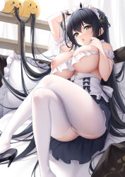 Rule 34 | 1girl, arm up, azur lane, black footwear, black hair, blush, breasts, chinese commentary, commentary request, crossed legs, feet out of frame, frilled pillow, frills, green eyes, hair between eyes, hand in own hair, hand up, high heels, highres, indomitable (azur lane), indomitable (ms. motivationless maid) (azur lane), k.t.cube, large breasts, long hair, looking at viewer, maid, manjuu (azur lane), nipples, official alternate costume, open mouth, panties, pillow, revision, shoe dangle, solo, thighhighs, tongue, tongue out, underwear, very long hair, white panties, white thighhighs