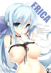 Rule 34 | 1girl, absurdres, ahoge, between breasts, bikini, bikini top lift, black bikini, blue eyes, blue hair, breast suppress, breasts, character name, choker, clothes lift, elbow gloves, emily (pure dream), front-tie bikini top, front-tie top, glasses, gloves, hair between eyes, hand to own mouth, highres, large breasts, long hair, looking at viewer, low twintails, matching hair/eyes, navel, nipples, non-web source, original, scan, side-tie bikini bottom, simple background, solo, string bikini, swimsuit, twintails, white background, white gloves