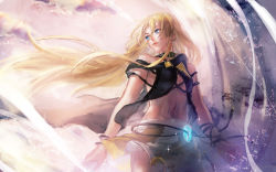 Rule 34 | 1girl, black collar, blonde hair, blue eyes, bracelet, cable, cloud, collar, commentary, cowboy shot, crop top, glowing, jewelry, lily (vocaloid), long hair, looking back, midriff, navel, outdoors, skirt, solo, very long hair, vocaloid, white skirt, yamakawa umi