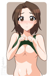 Rule 34 | 1girl, bare shoulders, blush, bottomless, breasts, brown background, brown hair, closed mouth, clothes lift, girls und panzer, green tank top, highres, ichijou takakiyo, large breasts, lifting own clothes, looking at viewer, navel, no bra, sawa azusa, shiny skin, shirt lift, short hair, simple background, solo, tank top, two-tone background, underboob, upper body, white background